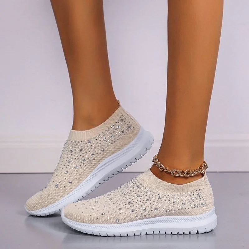 

Women Sneakers 2022 Vulcanized Shoes Trainers Knitted Sneakers Ladies Slip-on Sock Shoes Sparkly Crystal Zapatillas Mujer Casual