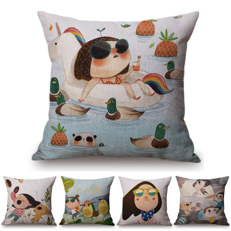 

Children Room Decoration Cushion Cover Cute Cartoon Girl Happy Childhood Story Painting Style Sofa Throw Pillow Cover cojines