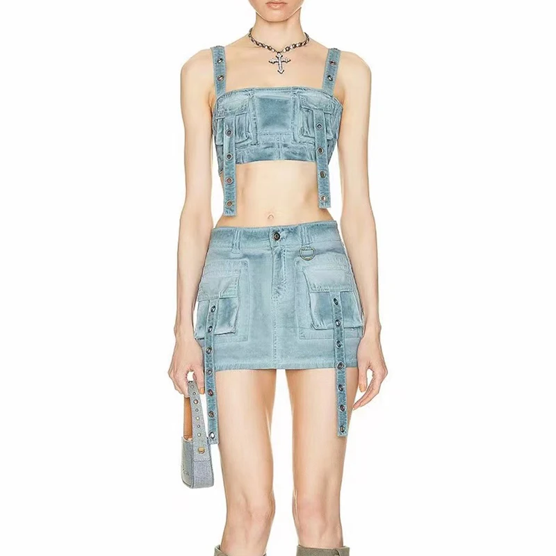 

New Super Short Tops + Skirts Sets For Women Bra Vest Vs Skirts Smooth Soft Two Piece Summer Suit Zipper Sexy Hign Quality