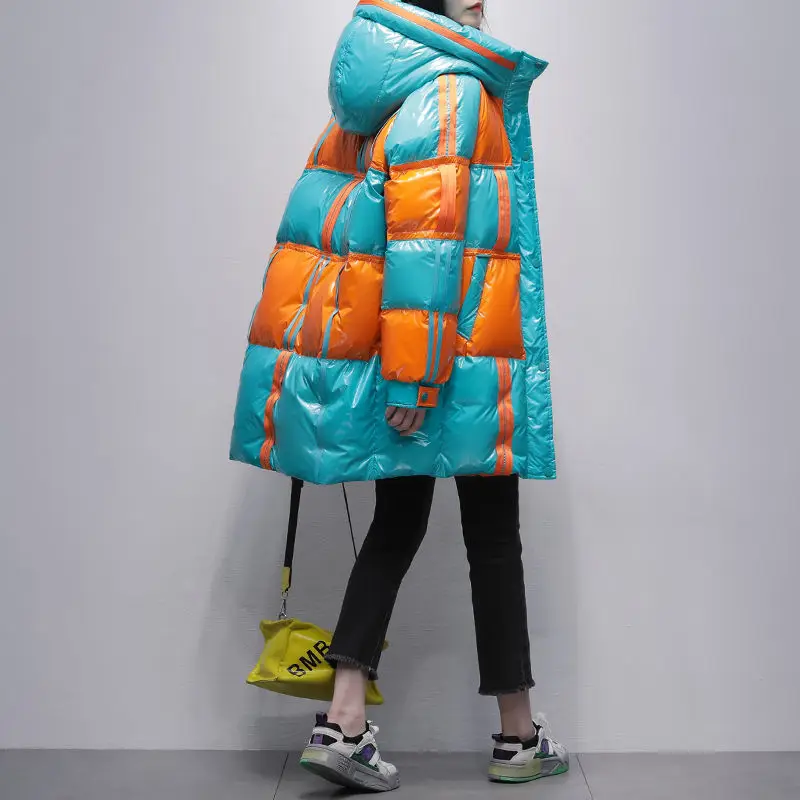 

2023 New Women Winter Coat Hooded Down Jacket Female Thick Warm Parkas Midi Pattern Outwear Large Size Overcoat