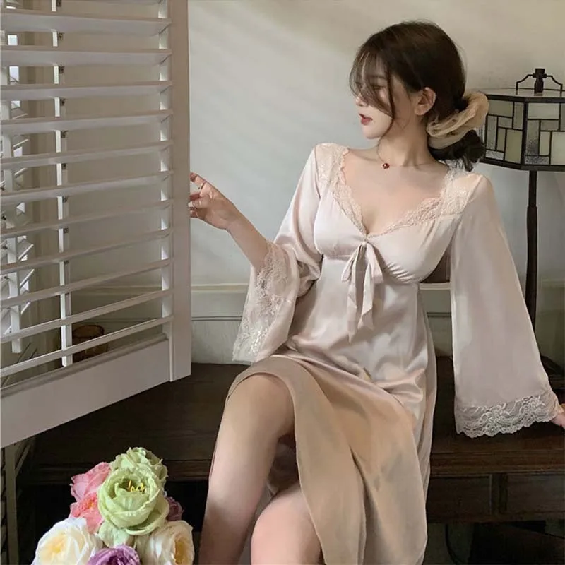 Women Nightgowns French Court Style Nightdress Solid V-neck Lace Bow Lace Long Dress Fairy Sweet Elegant Casual Chic Nightdress
