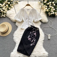 2022 summer women office ladies suits bow white cotton puff sleeve blouse shirt belt midi skirt female chic tops 2 piece sets