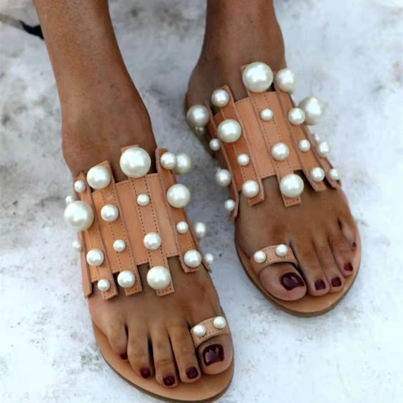 

2022 Summer New Fashion Beach Set-toe Pearl Flat Sandals Women's Slippers Europe Flip Flops Ladies Plus Size 43 Women's Shoes