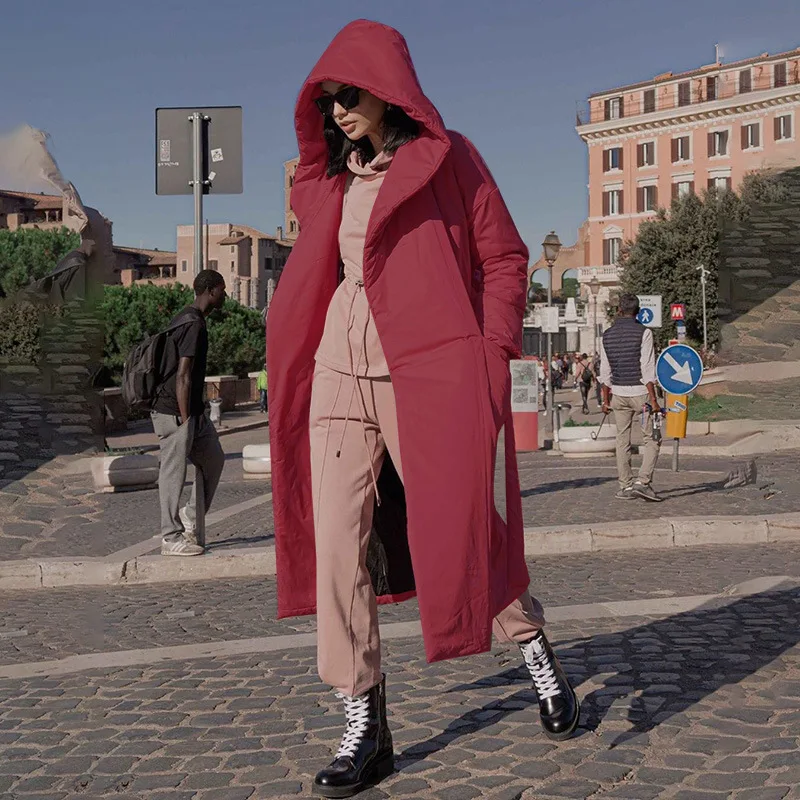 Winter Street Temperament Warm Thick Coat Solid Color Long-sleeved Hooded Belt Long Padded Jacket 2021 Fashion Women's Clothing