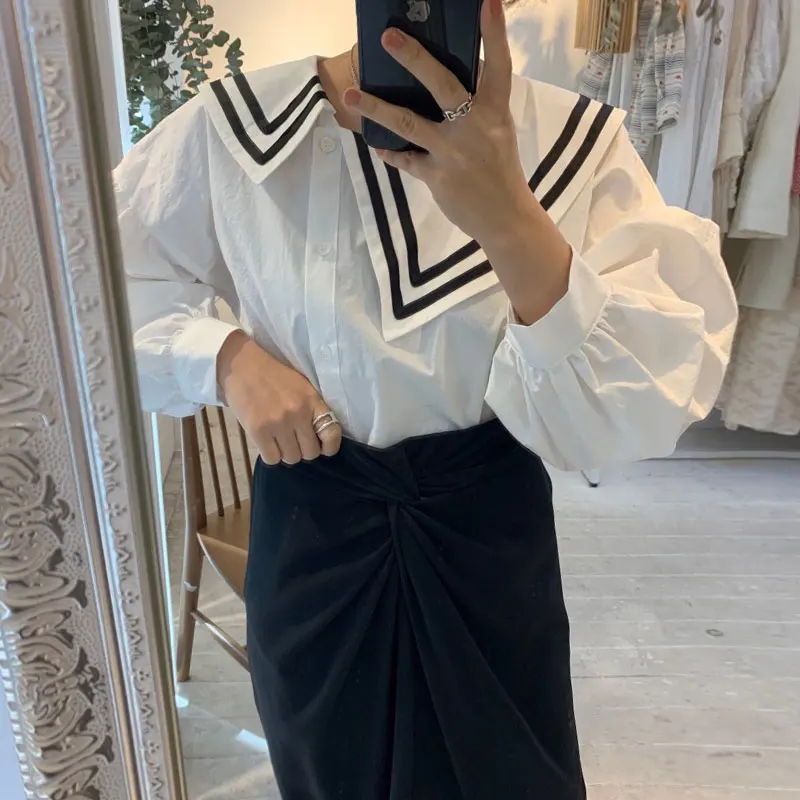 

VANOVICH Korean New Design Irregular Turn-down Collar Lantern Sleeve Shirt Autumn New Folds High Waist Black Skirt Two Piece Set