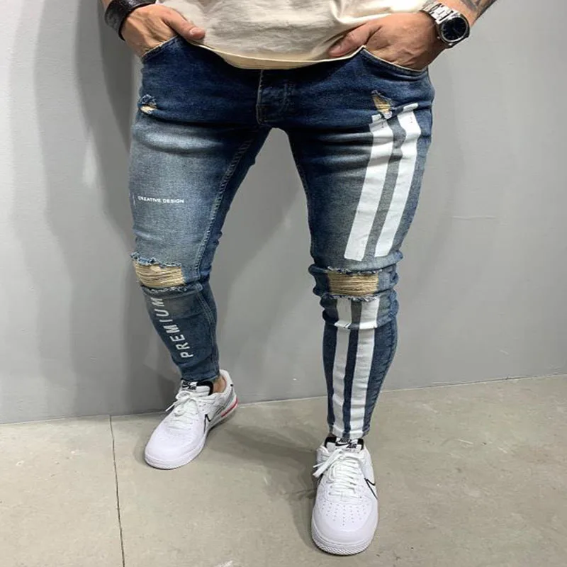 Casual Streetwear Black Slim Fit Jeans Men Autumn Masculina Letter Denim Pants Men Trendy Dance Club Skinny Jean Stripe toursers