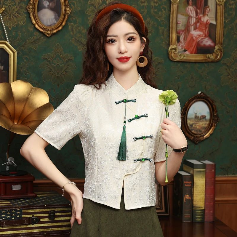 Новая летняя женская рубашка с коротким рукавом и воротником-стойкой шифоновая