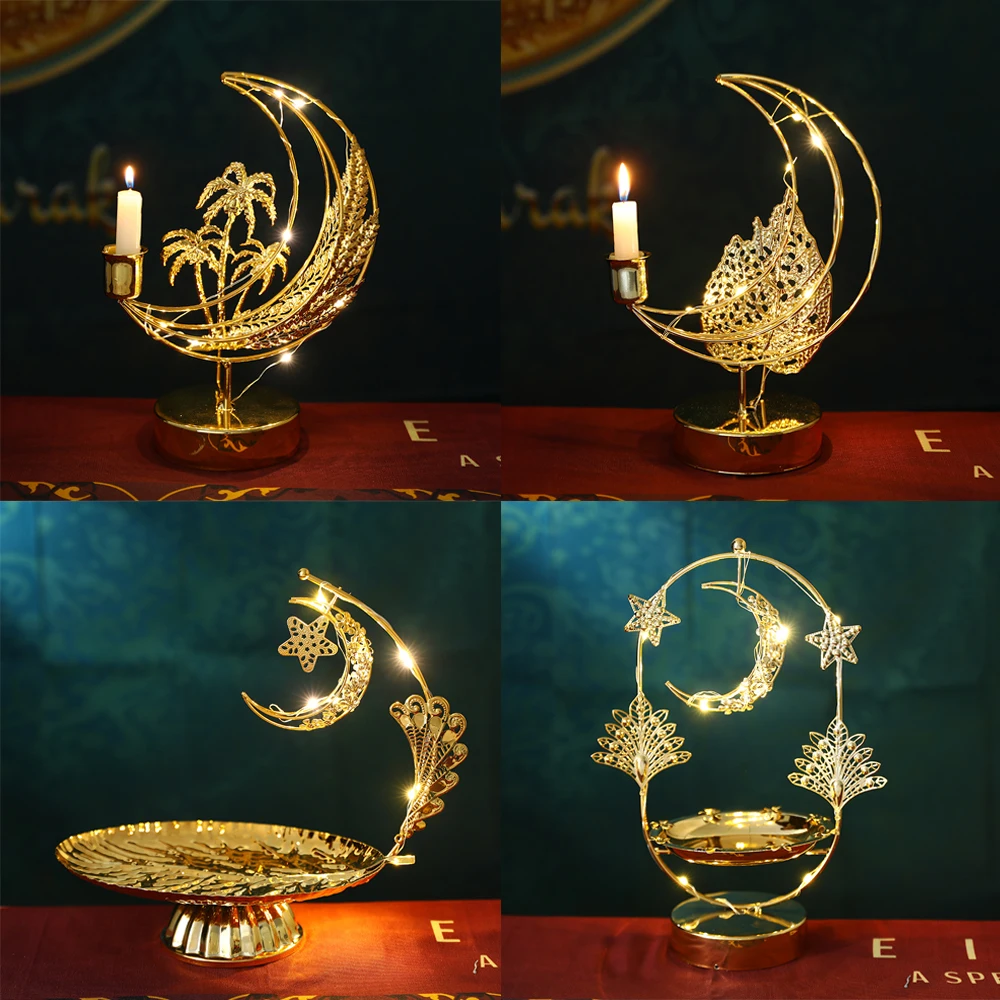 

Ramadan Lamp Candle Holder Tray with Lights Metal Hollow Pattern Lamp Eid Mubarak Ornament 2023 Ramadan Festival Home Decoration