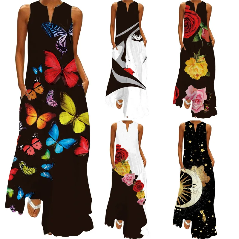 

Human Face Printed Black Dress 2022 Elegant Casual Vintage Woman Summer Beach Sleeveless Girls Long Dress Women