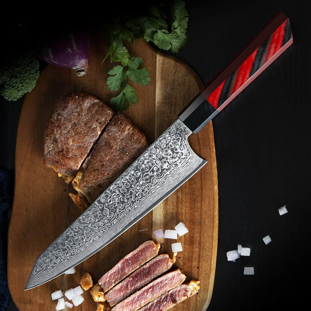 

Japanese Gyuto Kiritsuke knife Chef knife Pro VG 10 Damascus steel kitchen knife Real Damascus leather knife Santoku