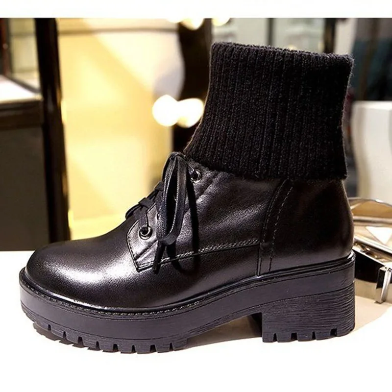 Shoes for Women Winter Fashion Knitting Velvet Ankle Boots Women Korean Lace-up Platform Botas Warm Square Button Botas De Mujer