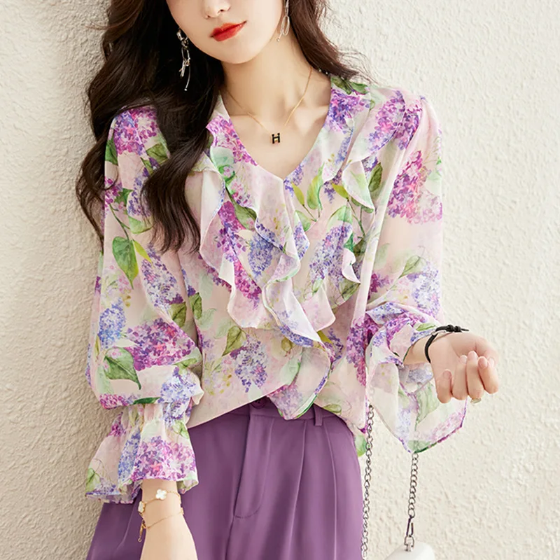 

Шифоновая женская рубашка, весна 2022, свободные шикарные женские топы с листьями лотоса на весну и осень