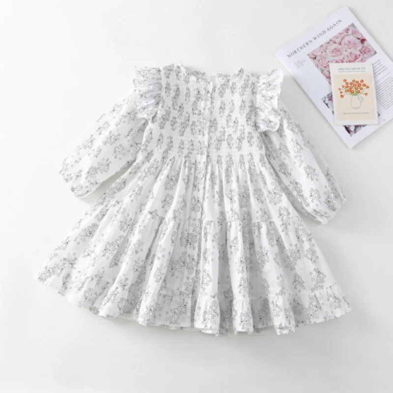 

2023 Spring Girls' Fragmented Flower Dress Korean Kids Long Sleeve Loose Princess Dresses Baby Sweet Vestidos De Festa Ropa 3-8Y