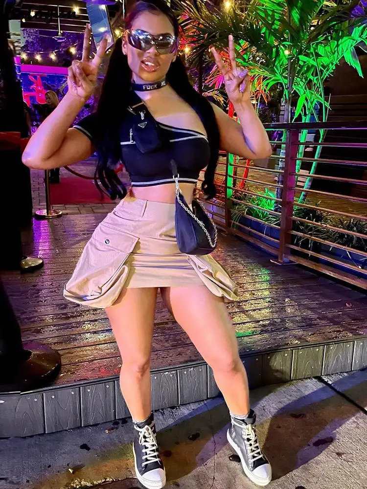 

Balogun Summer Street Pockets Mini Skirts For Women 2022 High Waist Pencil Skirts Female Khaki Pink Wrap Short Skirt