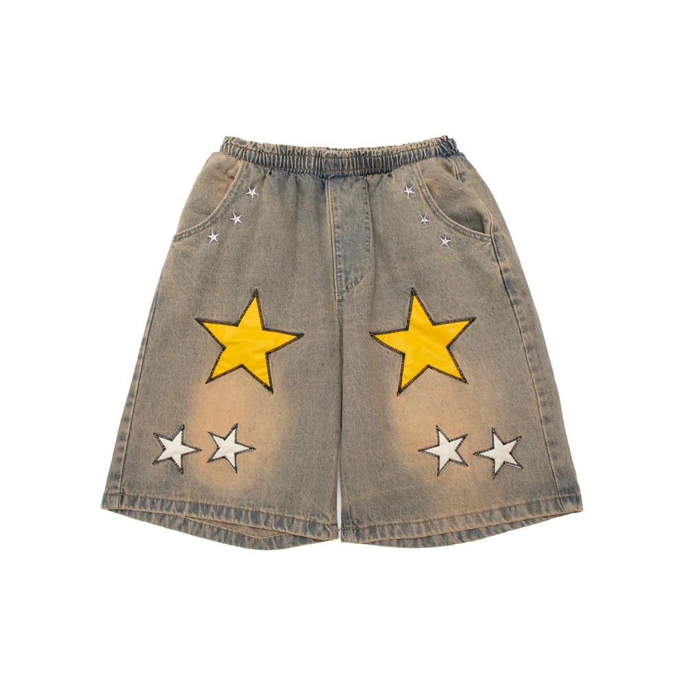 

2022 Men Denim Shorts Pentagram Patchwork Embroidery Denim Shorts Streetwear Harajuku Summer Pocket Cotton Cargo Jeans Shorts