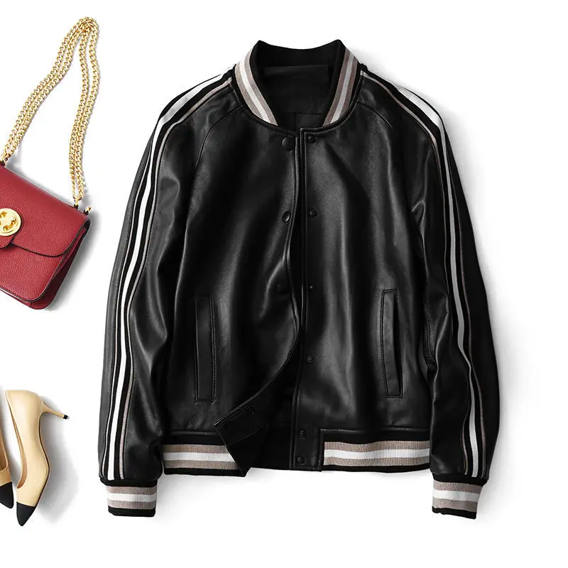 1pcs Women's PU Leather Short Jackets 2022 Spring Faux Fur Single Breasted Splicing Long Sleeve Ladies Skinny Locomotive Coats