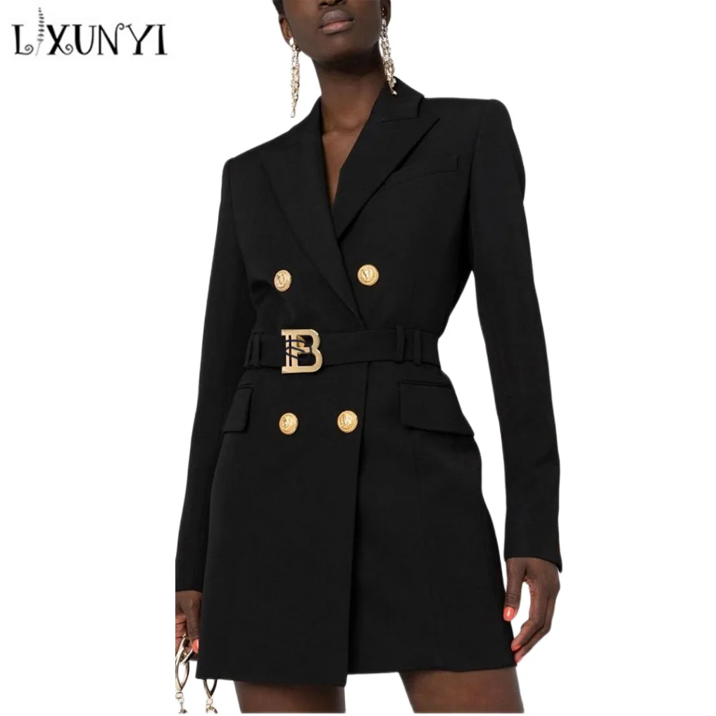LXUNYI Blazer Dresses for Women 2022 Vintage Autumn New Formal Slim Double Breasted Suit Coat Woman With Belt Ladies Jacket enlarge