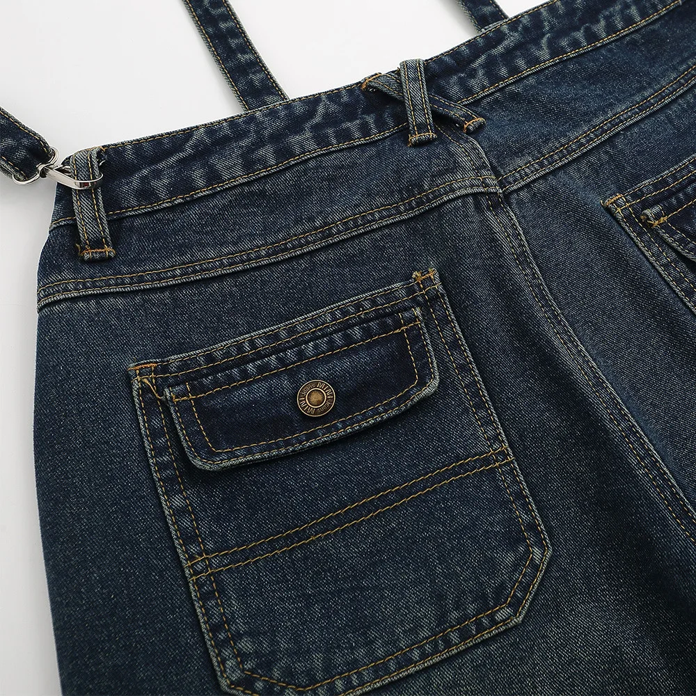 Streetwear American Multi Pocket Work Clothes Washing Jeans Men Loose Wide Leg Pants Detachable Suspender Denim Trousers
