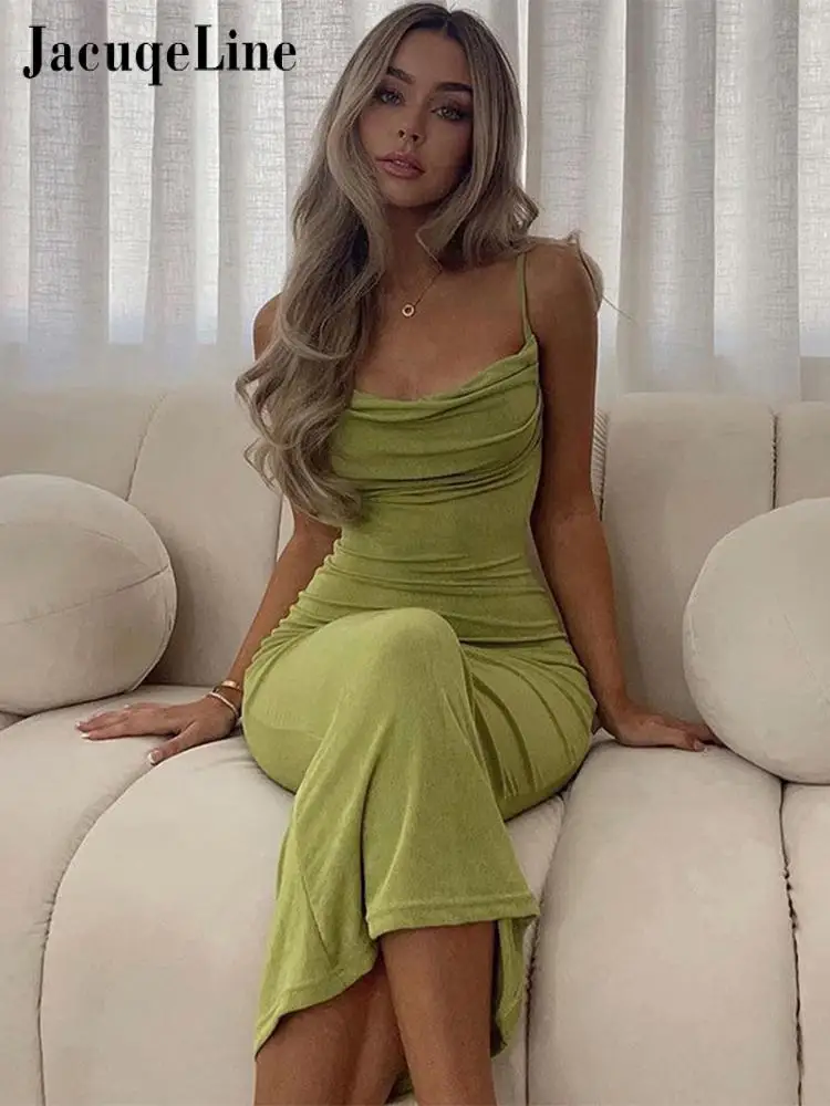 

Пикантное облегающее платье-миди Jacqueline с открытой спиной, женское пляжное платье на бретелях-спагетти, элегантные летние платья для клувеч...