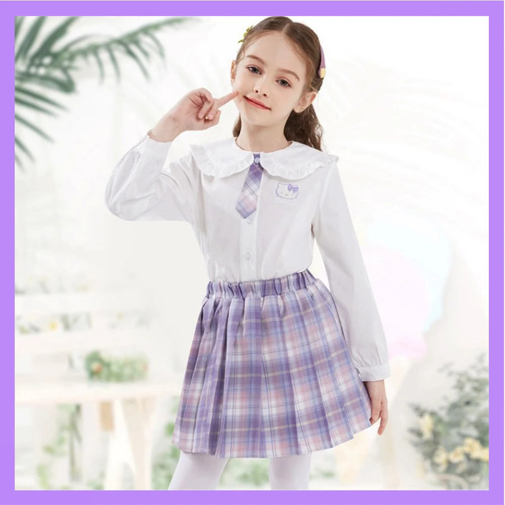 Hello Kitty Girl Uniform Jk Plaid Skirt Long-Sleeved Shirt Kawaii Kids Y2K High-Waisted Pleated Skirt Mini Skirt Harajuku Short