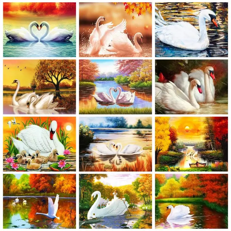 

CHENISTORY DIY Painting By Numbers Swans Picture Coloring Gift Handicrafts Home Decors Animals Sunset Autum Landscape Paint Set