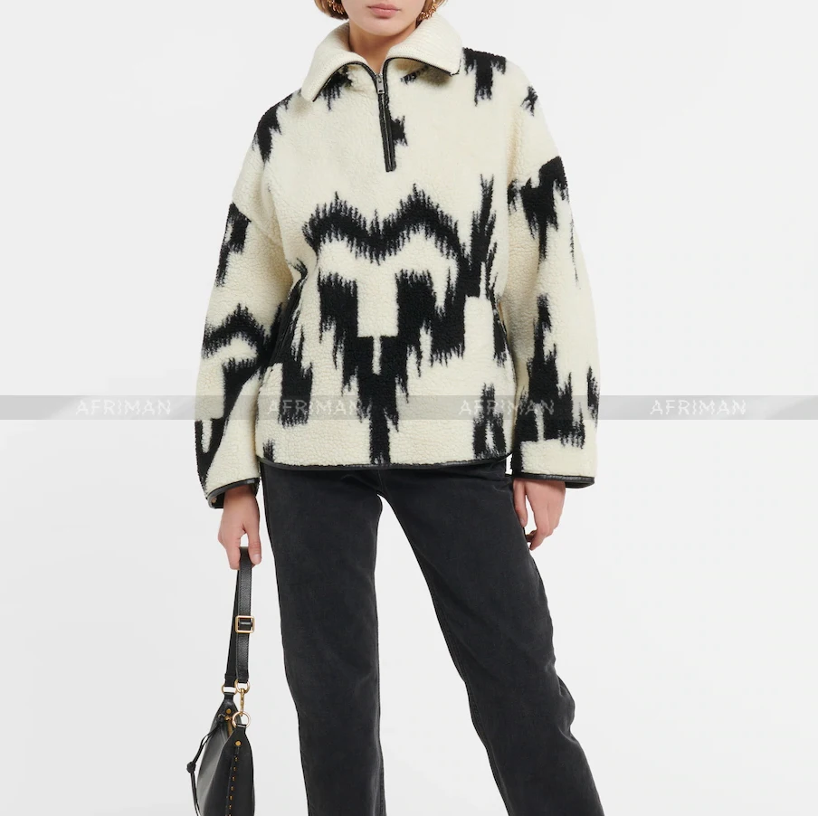 

2023 Winter New Abstract Pattern Half Zipper Women Warm Lamb Knit Pullover Jacket Coat