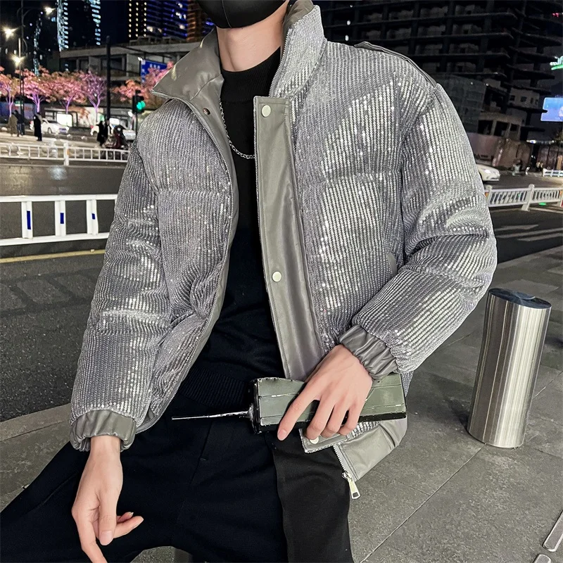 Luxury Sequins Men's Parkas Winter Thick Keep Warm Casual Short Jackets Waterproof Streetwear Puffer Overcoat Men Clothing M-2XL