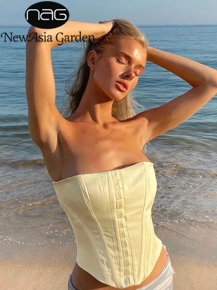 

NewAsia Summer Corset Top Boned Single Breasted Low Cut Satin Crop Top Double Layers Elastic Push up Fashion Elegant Casual Top