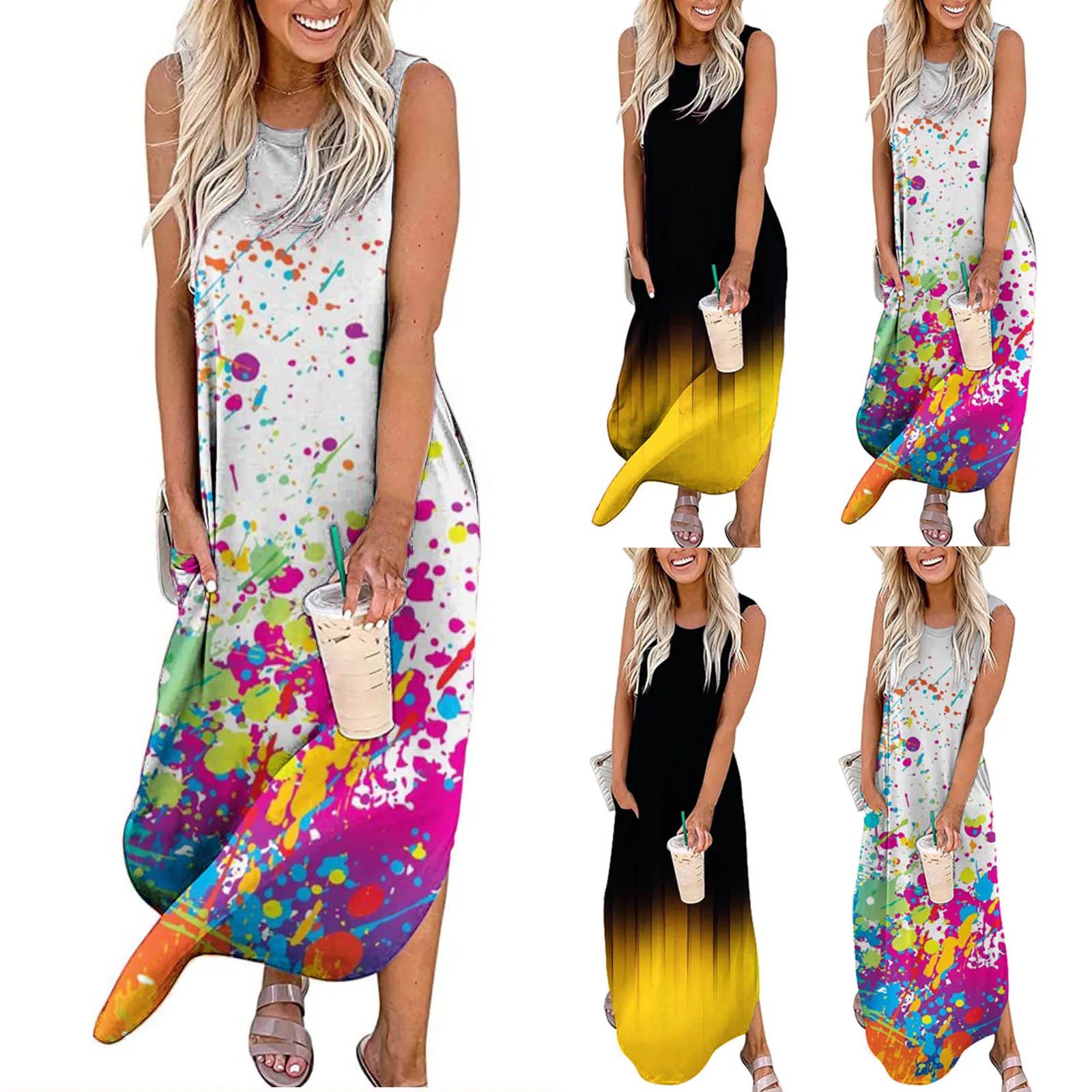 Женское длинное платье с круглым вырезом без рукавов | Повседневные платья