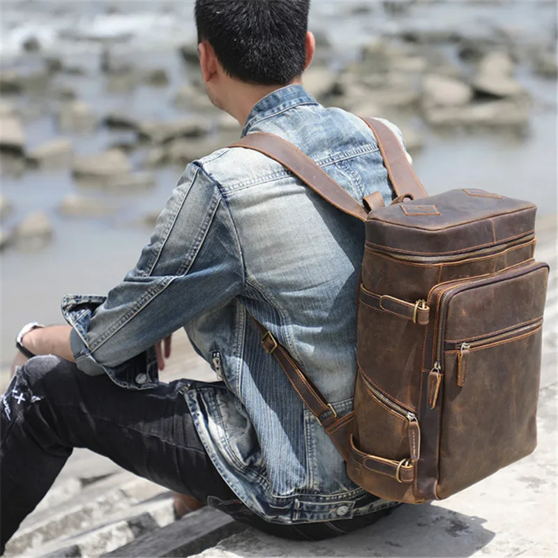 Retro fashion crazy horse leather men's large-capacity bucket backpack outdoor travel real cowhide youth notebook school bag