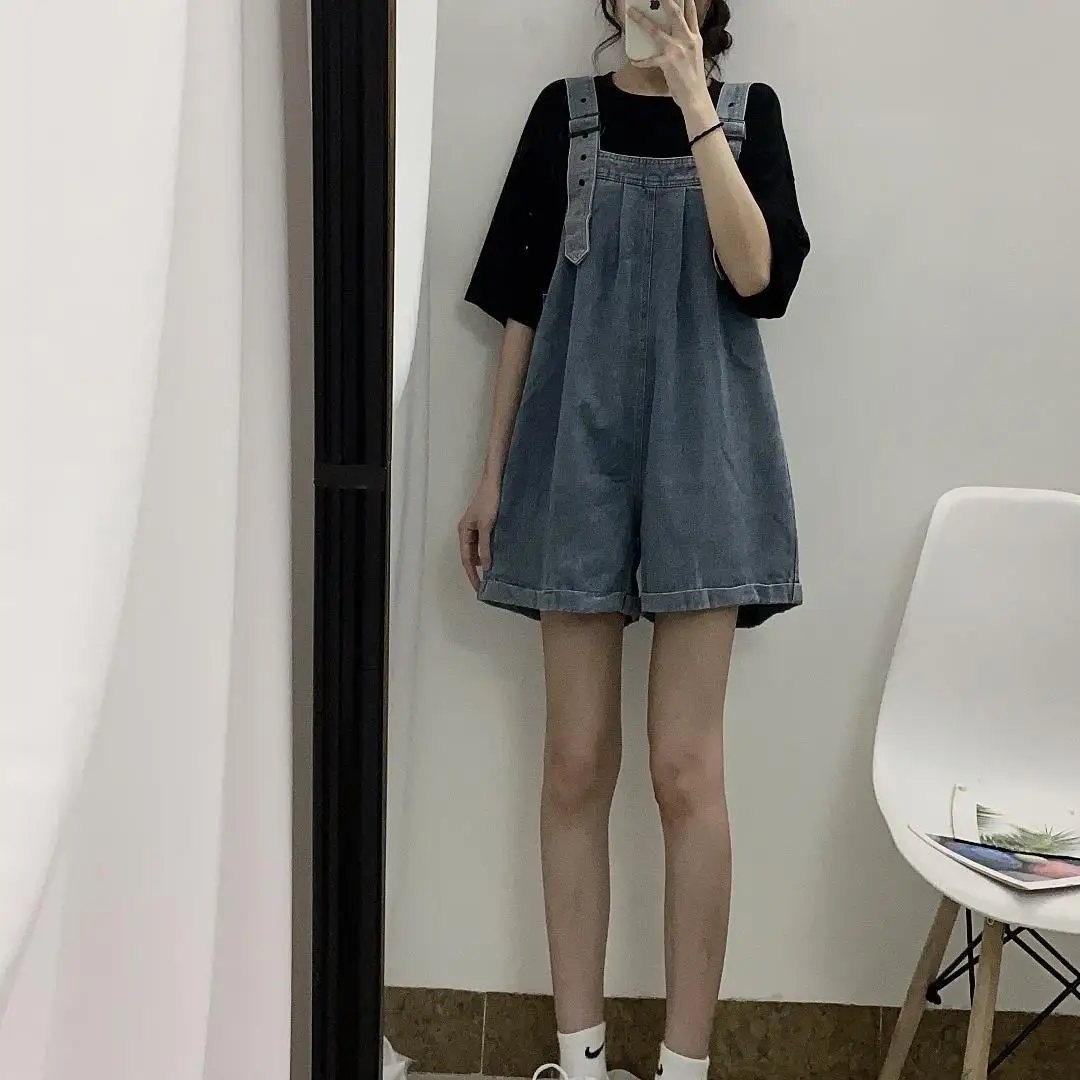 

Denim Suspenders Women's Loose and Thin Wide Leg Pants Shorts in Summer