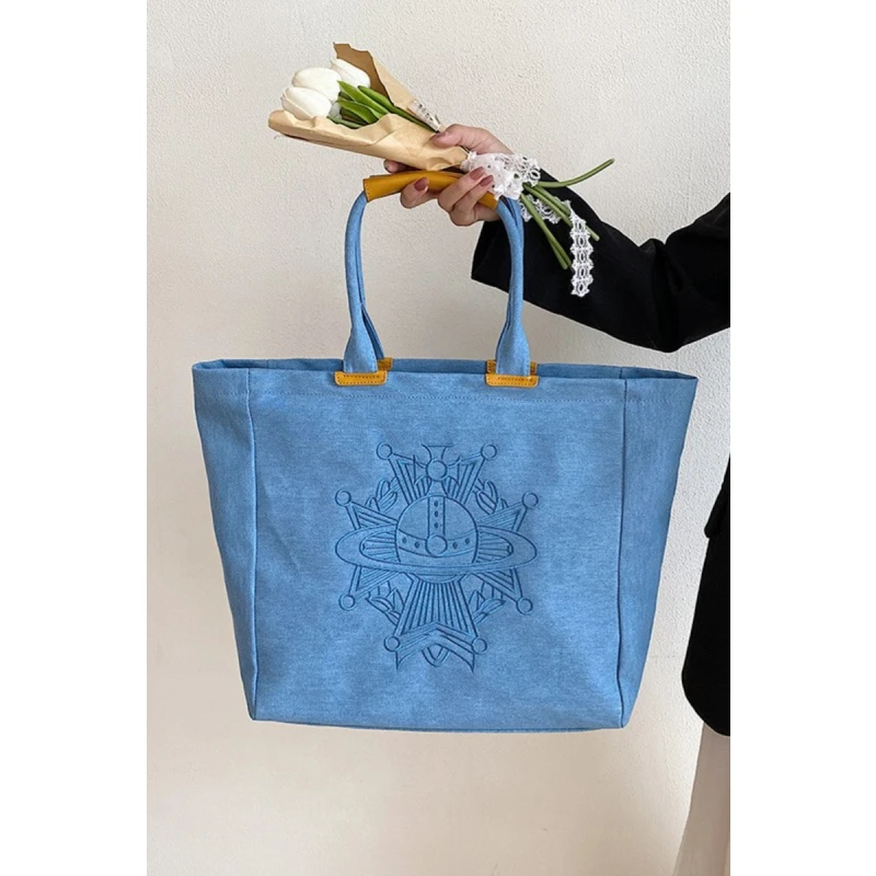 

Blue denim bag bag women's Saturn three-dimensional embroidery casual tote bag large capacity commuter
