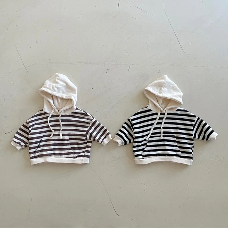 

2022 Autumn New Boy Girl Baby Loose Striped Big Pocket Casual Hoodies Children Fashion Long Sleeve Tops Kid Cotton Sweatshirts