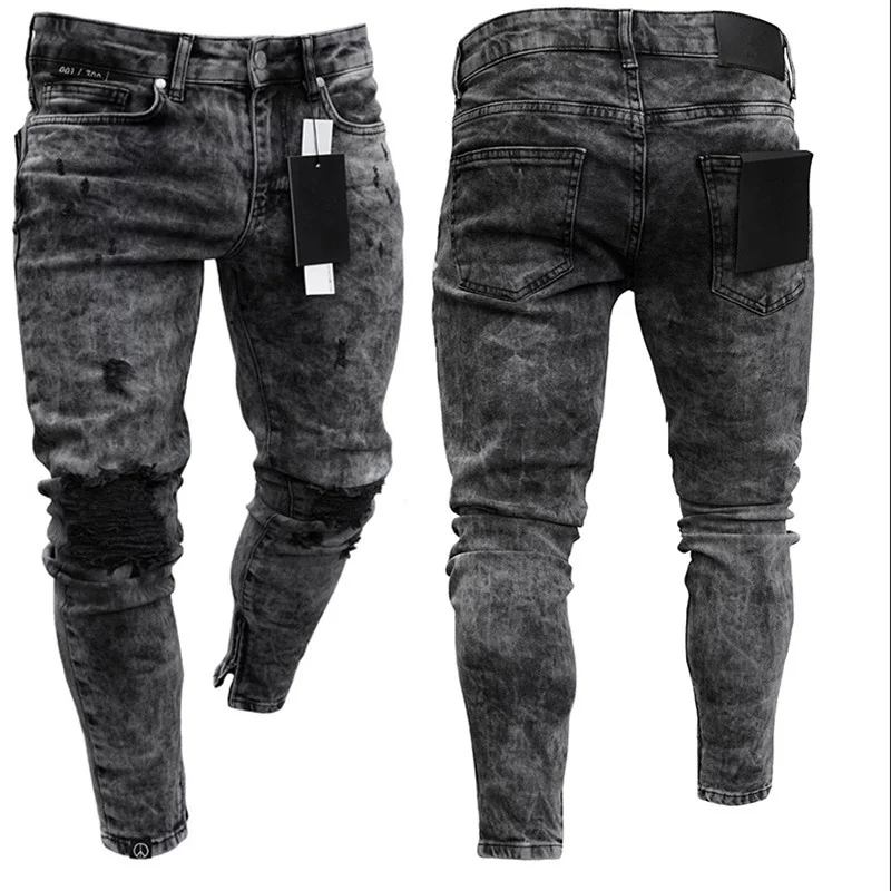 

Biker Jeans Men's Distressed Stretch Ripped Biker Jeans Men Hip Hop Slim Fit Holes Punk Jeans Zipper Pure Color Denim Pants