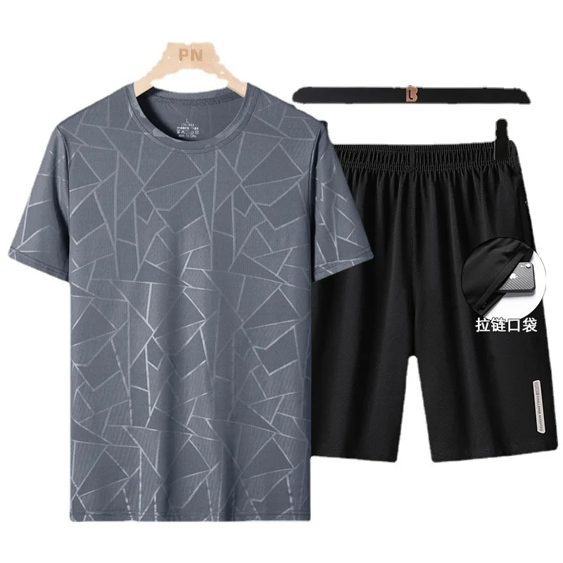 2023 Summer New Ice Silk Clothing Men's Solid Short Sleeve Tshirt+Sports Short Sleeve+Sports Pants Three Piece Set Men Clothing