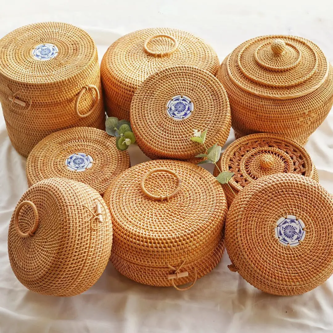 

Hand Woven Rattan Storage Basket Tea Cake Tea Jar Storage Box Rattan Organizadores Sundries Jewelry Food Ornaments Organization