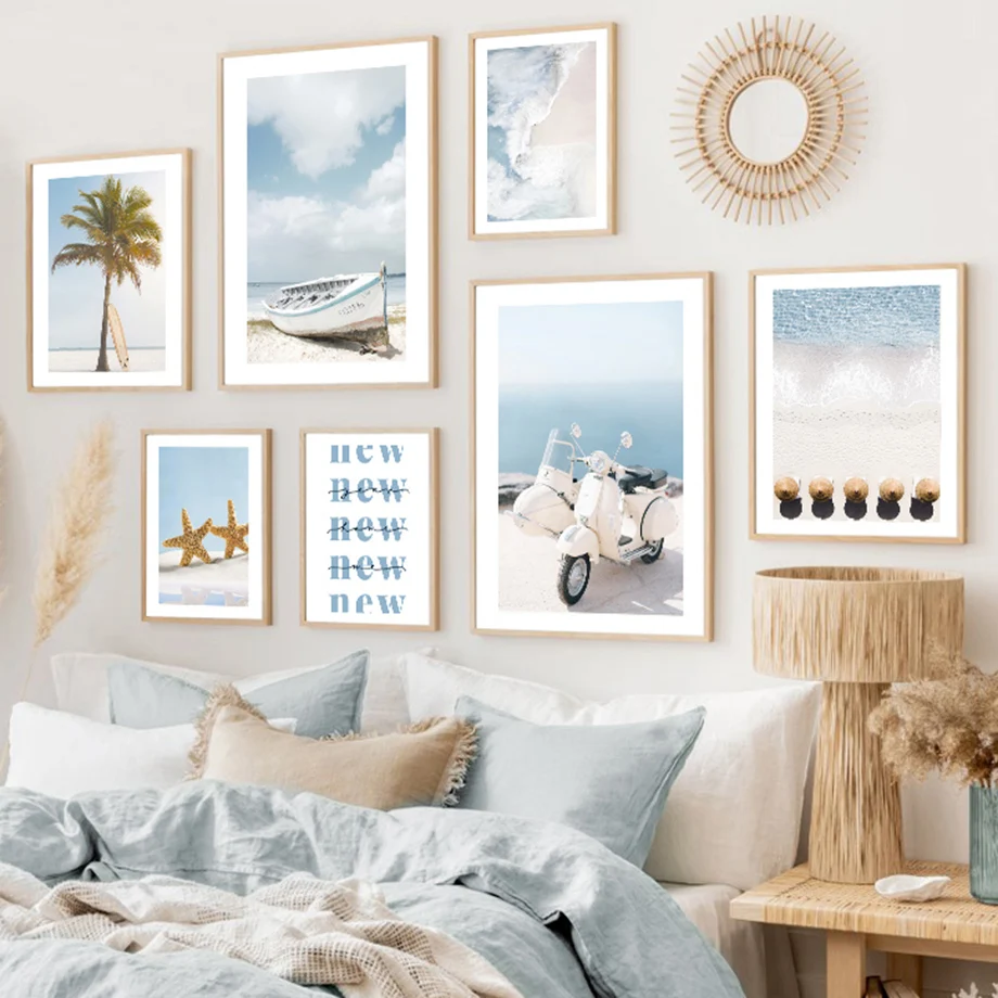 

Motor Boat Palm Tree Wave Beach Surfboard Reed Wall Art Canvas Painting Posters And Prints Nordic Pictures For Living Room Decor