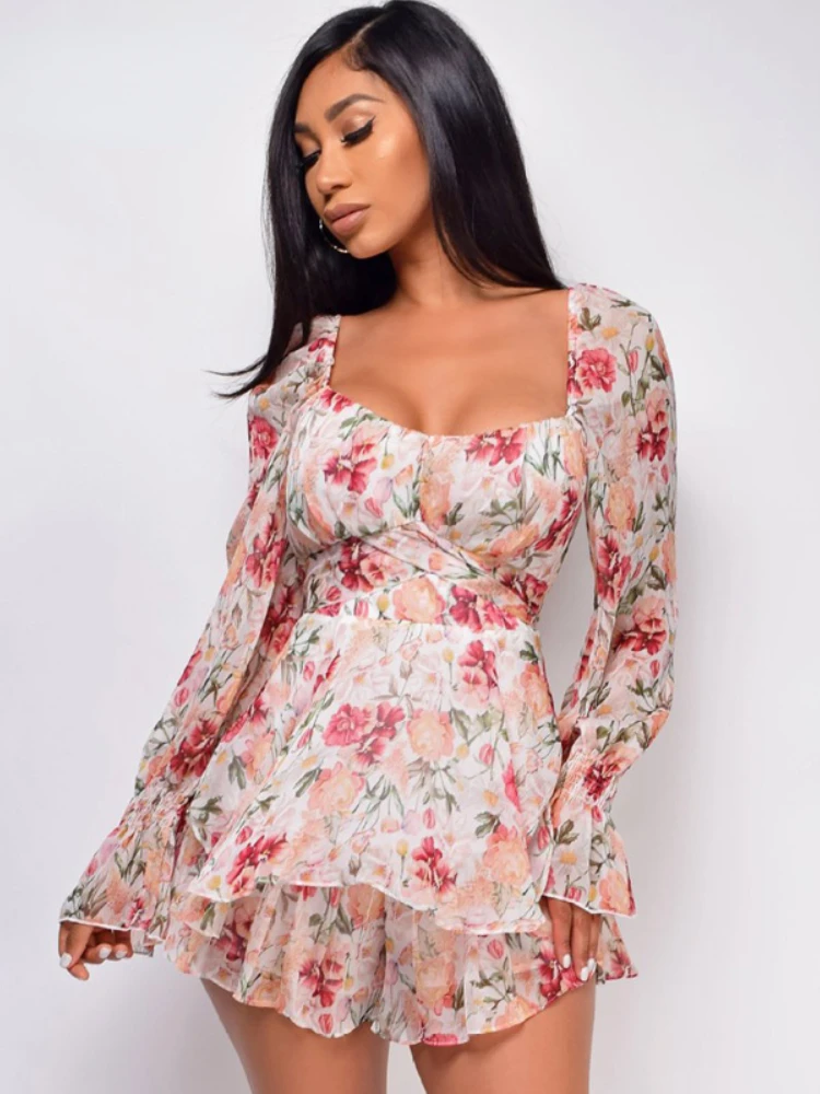 

Spring V Neck Floral Print Playsuits Boho Summer Women Clothing Long Sleeve Short Jumpsuit Sexy Ruffle Holiday Playsuit Rompers