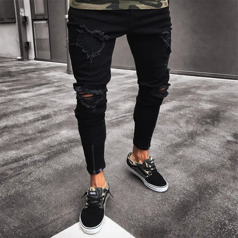 

Джинсы на молнии в стиле хип-хоп, Модные Новые облегающие джинсовые мужские брюки скинни, разрушенные прямые зауженные рваные черные потертые