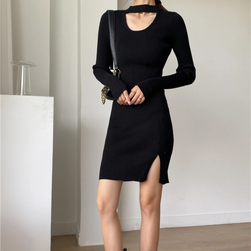 

Autumn New Style Hanging Neck Black Dress Female Knitted Side Split Bodycon Dress Long Sleeve Fashion Mini Dresses Basic