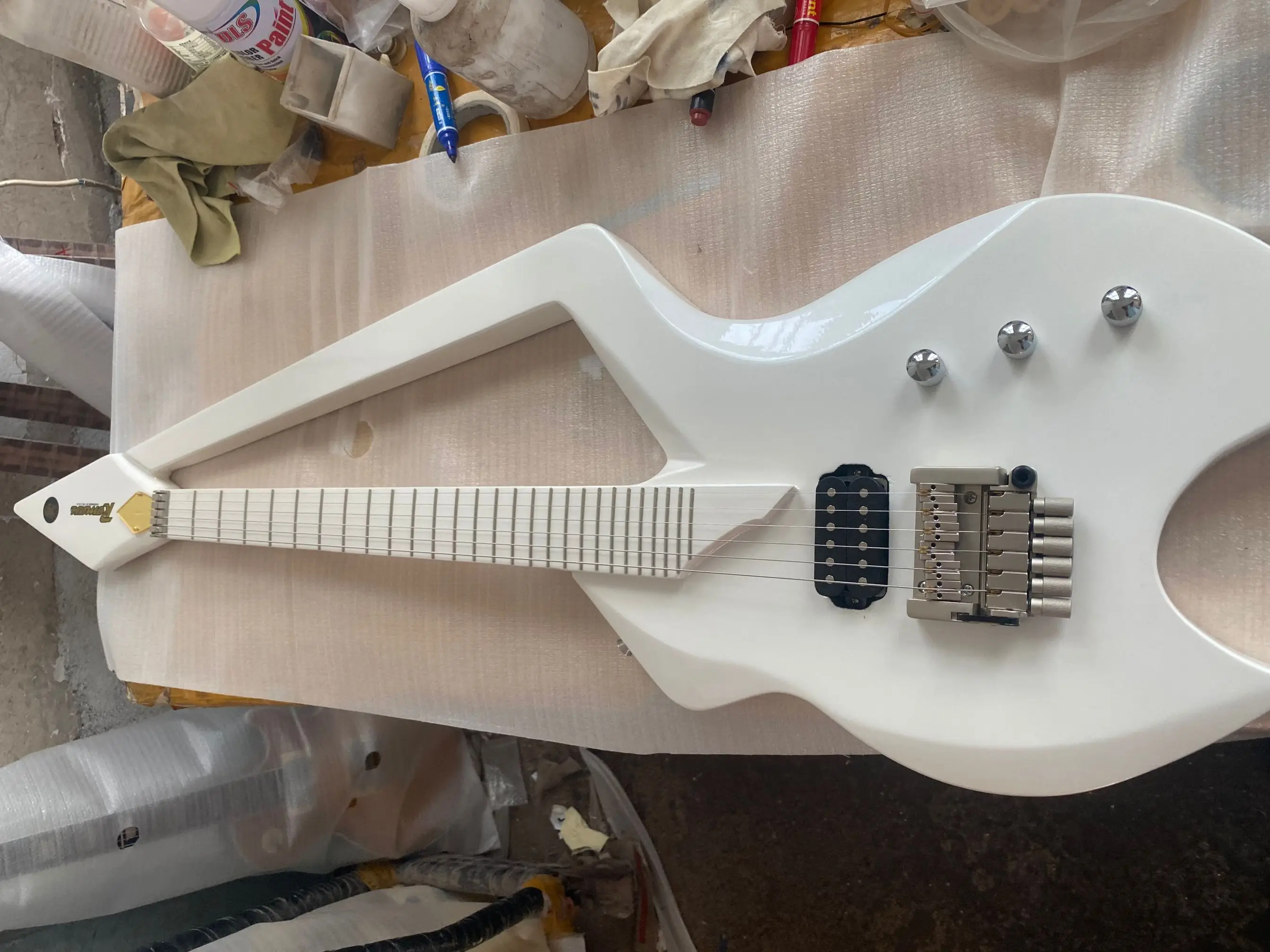 

Prince Jerry Auerswald Designed Unique Model C Guitar White Electric Guitar Tremolo Bridge, Gold Hardware, Multi Color Available