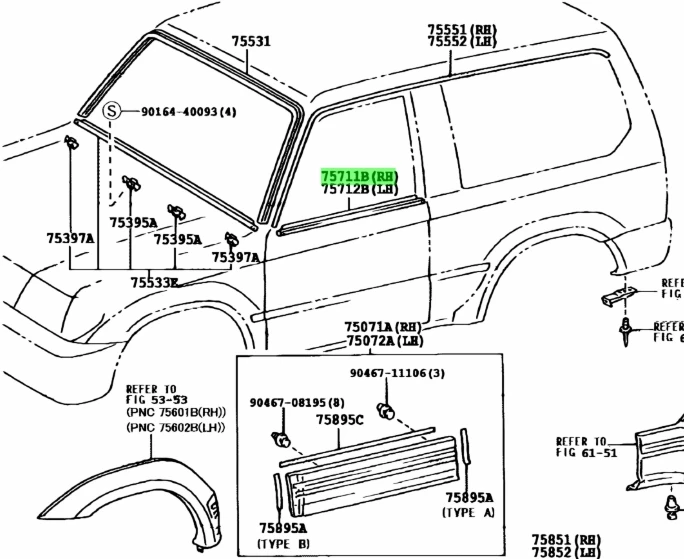Фото Комплект из 2 черных молдингов для оконных стекол (уплотнитель) для Toyota Land Cruiser LC90 1996-2002, 3 двери, 75711-60030 №4