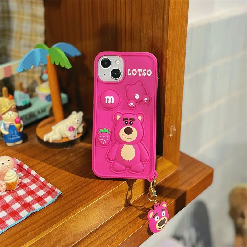 

3D Strawberry Bear Pendant Phone Case Cover for IPhone 7 8 Plus 11 12 13 Pro X XR XS Max Shockproof Case for IPhone 13 Cases