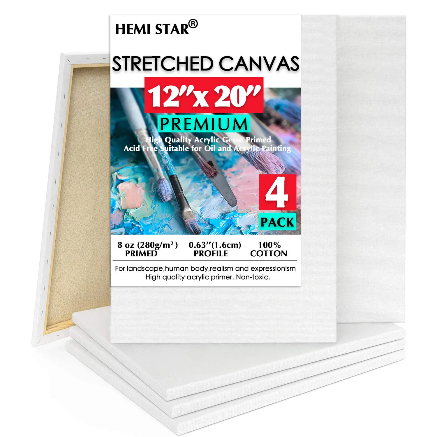 

4 pcs Stretched Canvas for Paint 30x50cm,12x20 inch Primed White 100% Cotton Blank Canvas Boards for Painting 8 oz Gesso-Primed