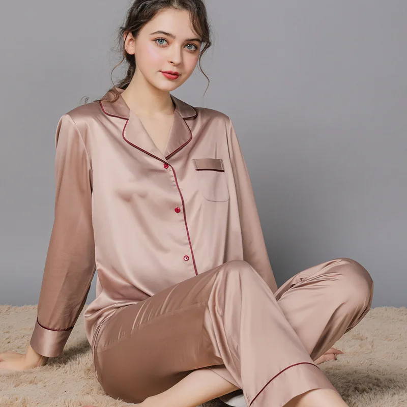 2022New Spring and Autumn Silk Pair Pajamas Women's Autumn Ice Silk Men's Pajamas Home Clothes Long Sleeves Large Size Suit