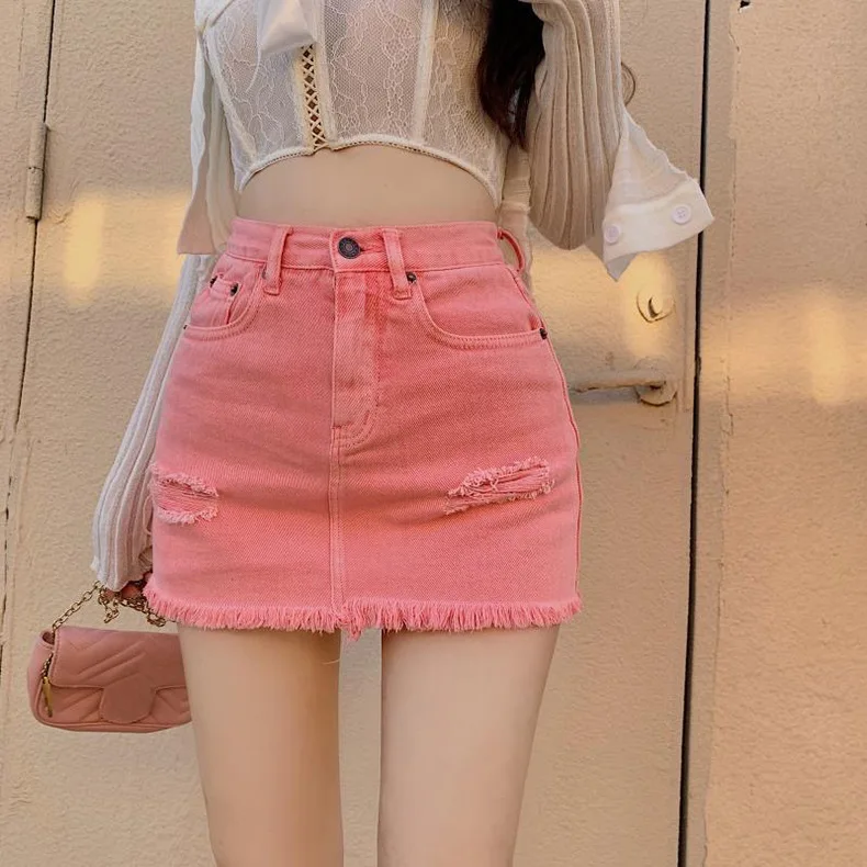 

2023 Summer Pink Denim Skirt Women High Waist Mini Jeans Skirts With Lining Korean Style A Line Hole Tassel New Sexy Jupe Femme