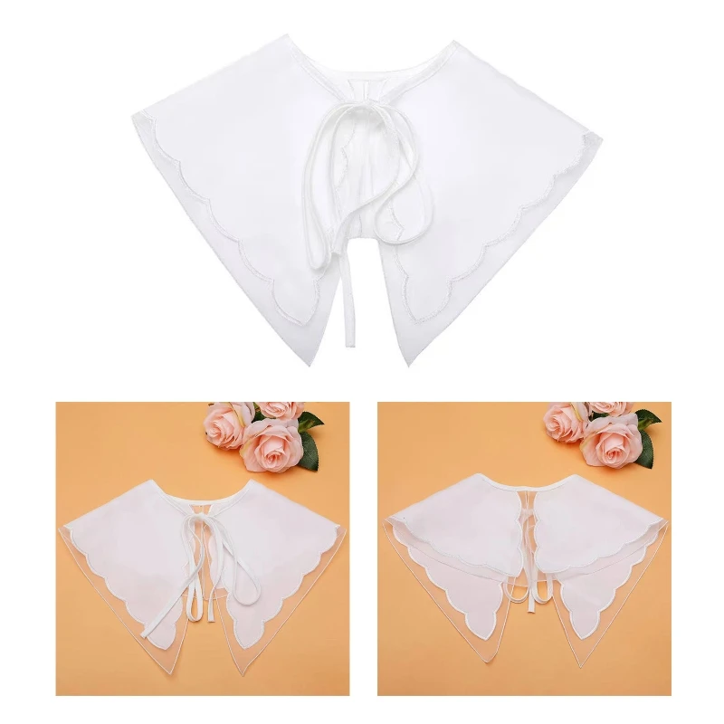 

Women Elegant Organza Mesh Splicing Detachable Collar Shawl Embroidery Wave Trim White Scarf Lace-Up Bowknot Capelet DXAA