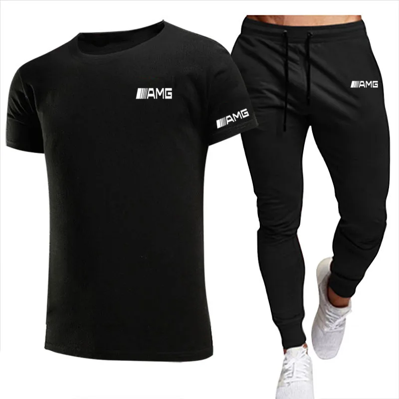 

2021New T-shirt 2 Pieces Sets Tracksuit AMG Printing Men Short Sleeves+Pants Pullover Sportwear Suit Casual Sports Men Clothes