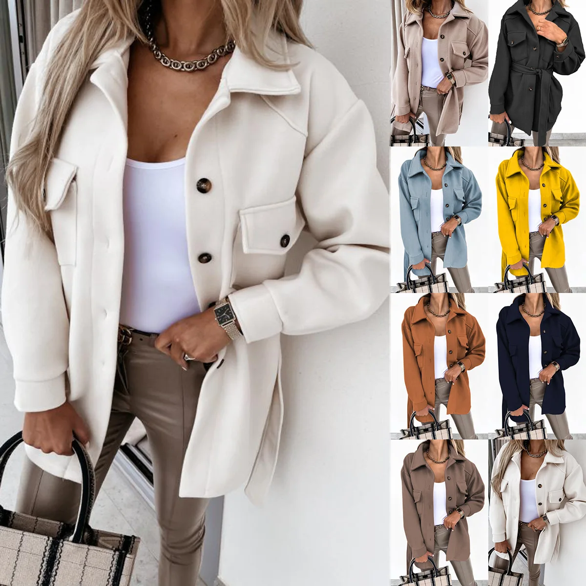 

2023 New Fashion Strap Single breasted Solid Color Woolen Coat Women's Color Addition