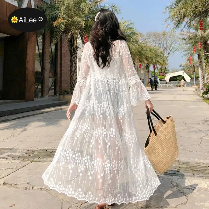 

Bohemian White Beach Cover Up Swimwear Sarong Embroidery Lace Kimono Sexy Transparent Long Cardigan Saida De Praia